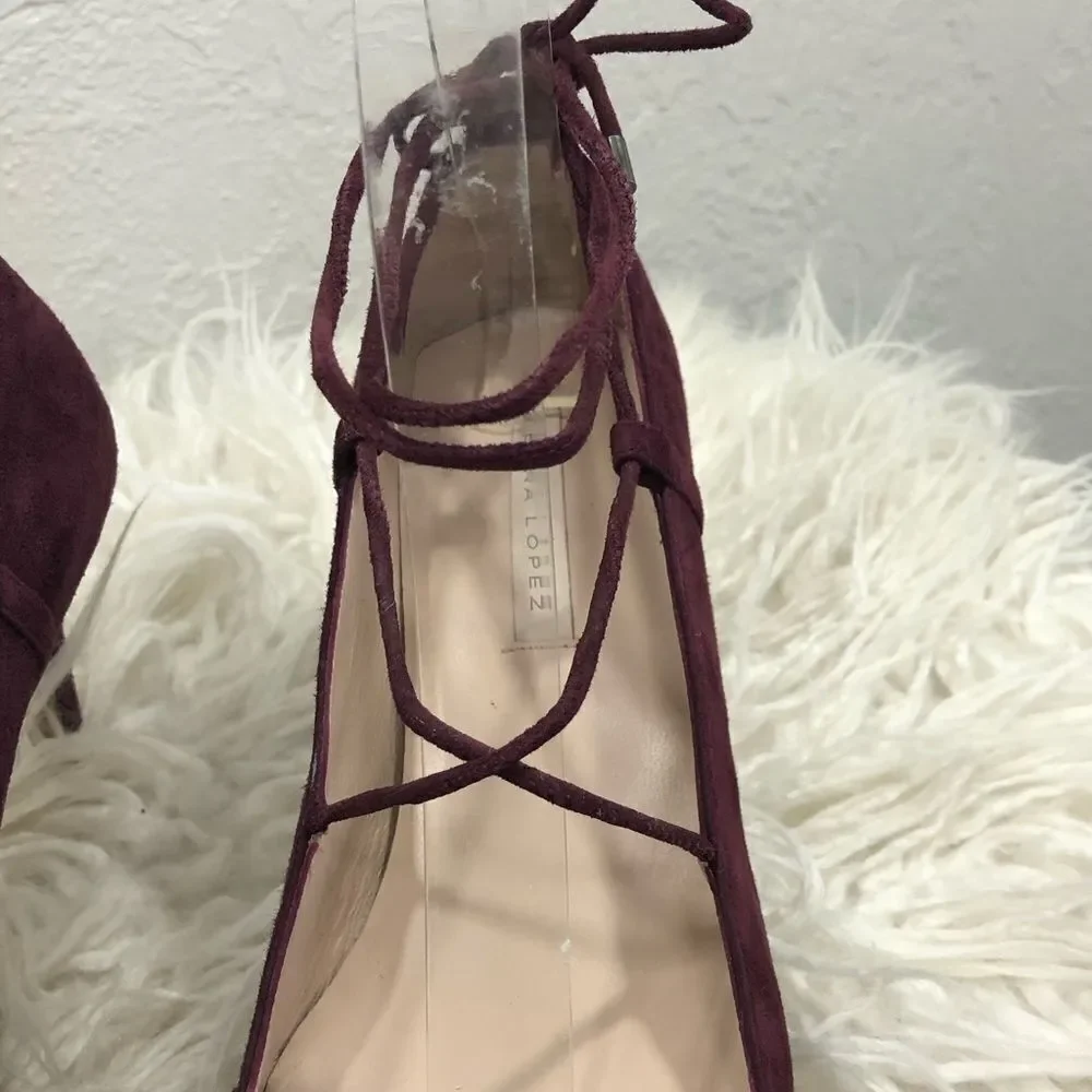 PURA‎ LOPEZ -MAROON ANKLE TIE SUEDE PUMPS HEELS S4